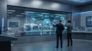 Deux hommes dans une salle de contrôle hi-tech, visualisant des données SCM et de performance industrielle sur un écran interactif avec usine en arrière-plan.