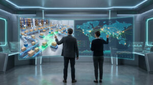 Deux personnes dans une salle de contrôle high-tech. Écrans affichant entrepôt automatisé et carte mondiale de la chaîne d'approvisionnement.