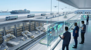 Vision futuriste de la supply chain: robots, camions autonomes, drones, navire et opérateurs gérant les flux mondiaux sur écrans.